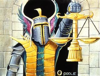 A knight holds a pair of scales in the art from Magic's Balance card