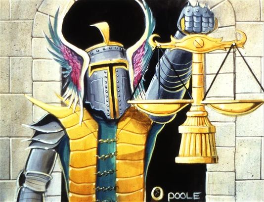 A knight holds a pair of scales in the art from Magic&#039;s Balance card