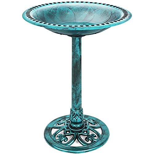 Best Choice Products 28in Pedestal Bird Bath, Vintage Outdoor Resin Accent Decoration W/fleur-De-Lis Accents - Green