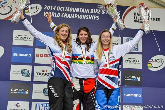 Elite women's downhill world championships podium: Rachel Atherton, Manon Carpenter, Tahnee Seagrave (all Great Britain)