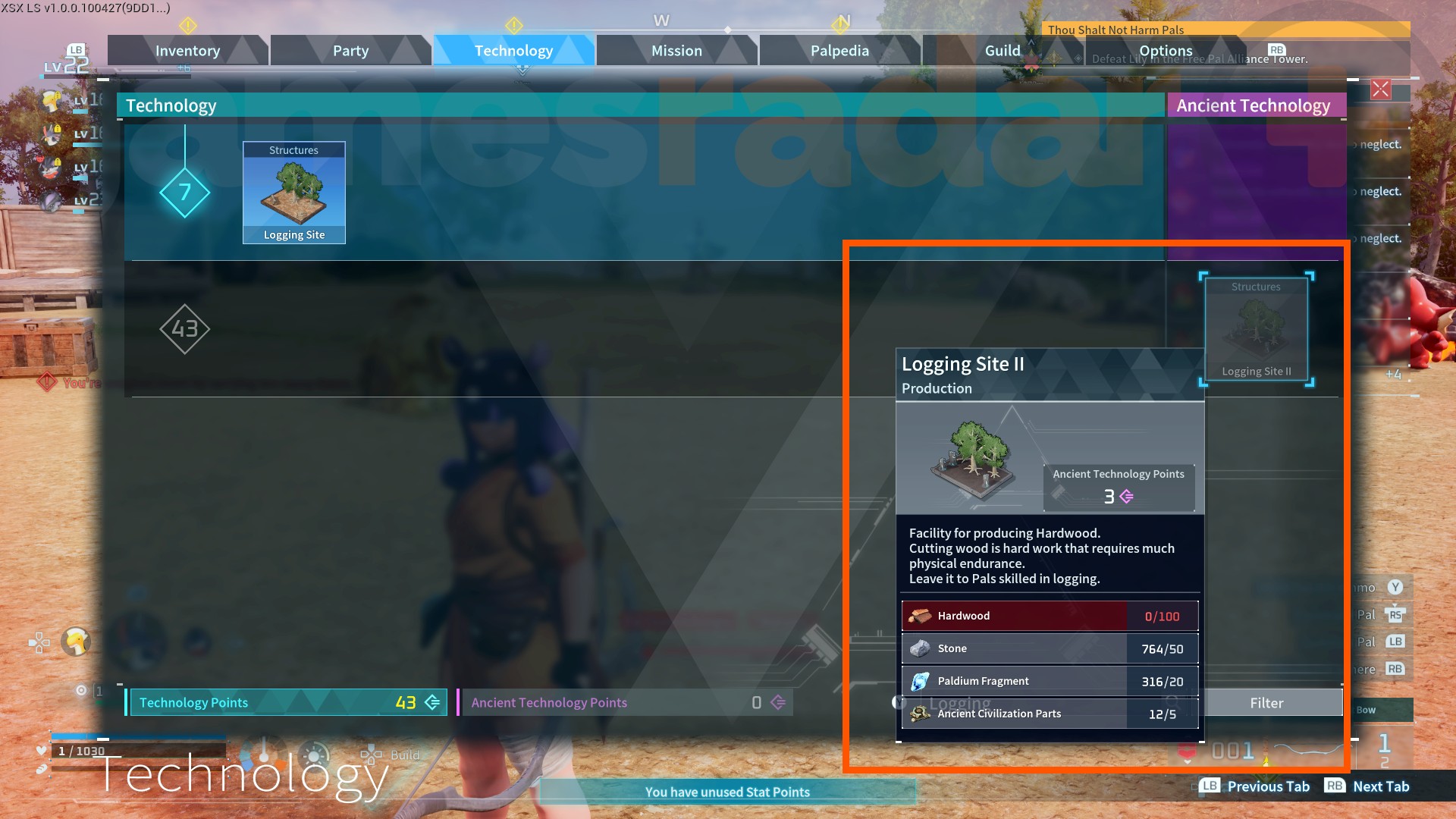 Logging Site 2, seen at level 43 of in the Ancient Technology tree, is a useful way of farming Palworld hardwood