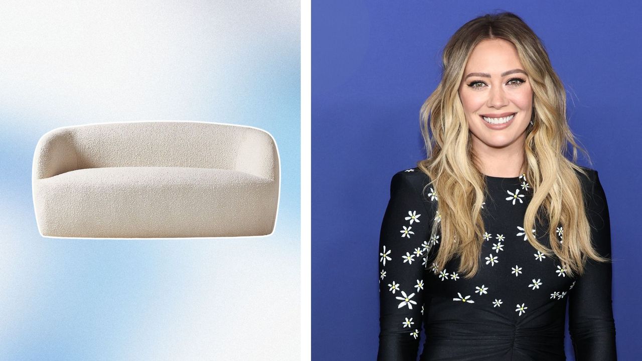 An off-white lookalike of Hilary Duff&#039;s boucle couch, left, next to a pic of Hilary duff in a black dress with white daisies, on a blue background