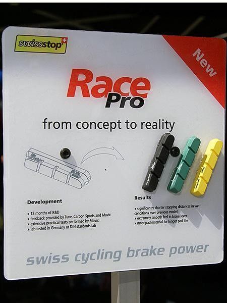 SwissStop showed off its new Race Pro pad inserts which supposedly greatly improve wet and dry braking performance courtesy of new siping patterns.