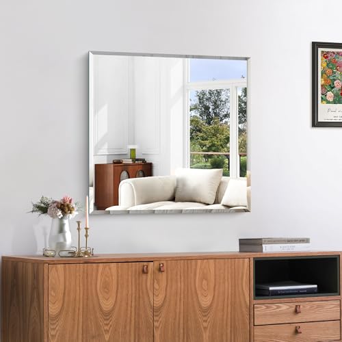 Kocuuy Beveled Square Mirror, 24x24 Inch Frameless Bathroom Mirror for Over Sink, Upgraded Shatterproof Beveled Unframed Design Mirror for Bathroom, Bedroom, Hang Horizontal/vertical