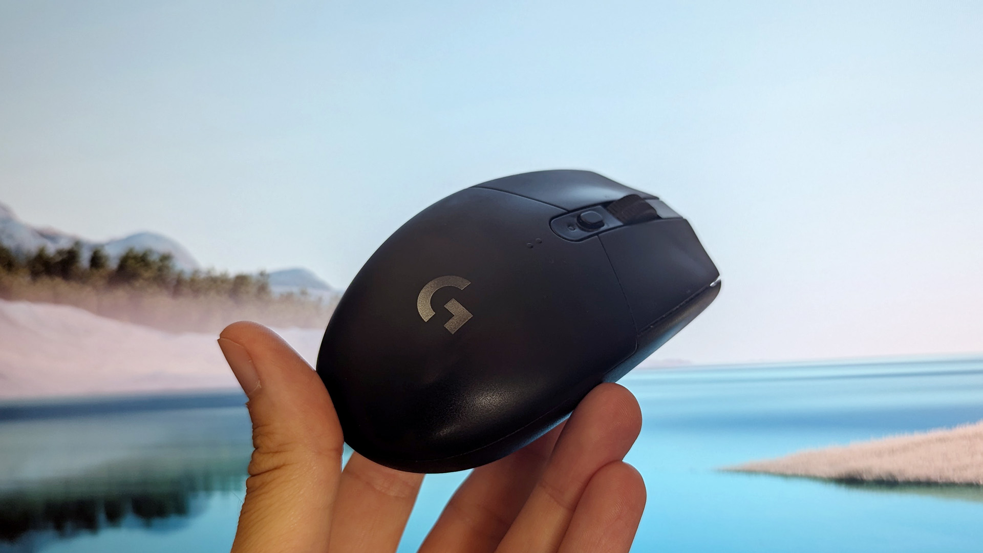 Logitech G305 LIGHTSPEED wireless gaming mouse held in front of a digital lake scene