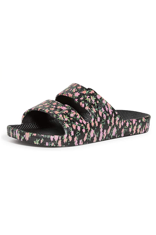 Freedom Moses Women's Moses Two Band Slides, Pop Bloom, Black, Floral, 7-8 Medium US