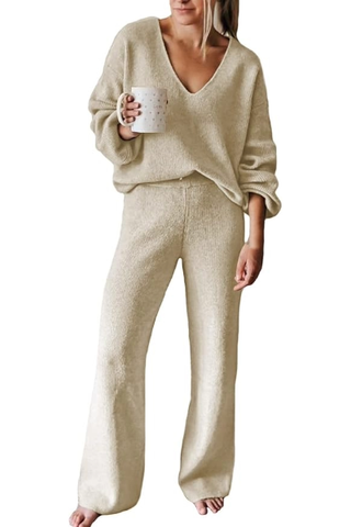 Viottiset Women's 2 Piece V Neck Knit Wide Leg Sweater Lounge Set (Was $70) 