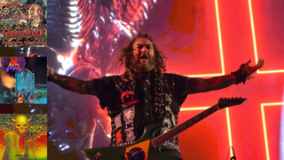 A picture of Max Cavalera with insets of his three favourite thrash albums