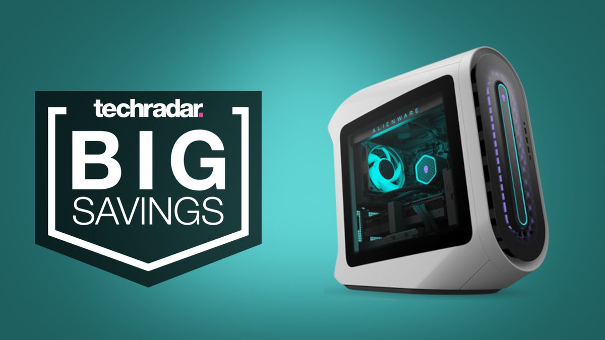 Alienware Aurora gaming PC on teal background with &#039;big savings&#039; text overlay