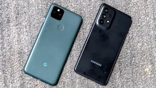 galaxy a53 and pixel 5a laying face down