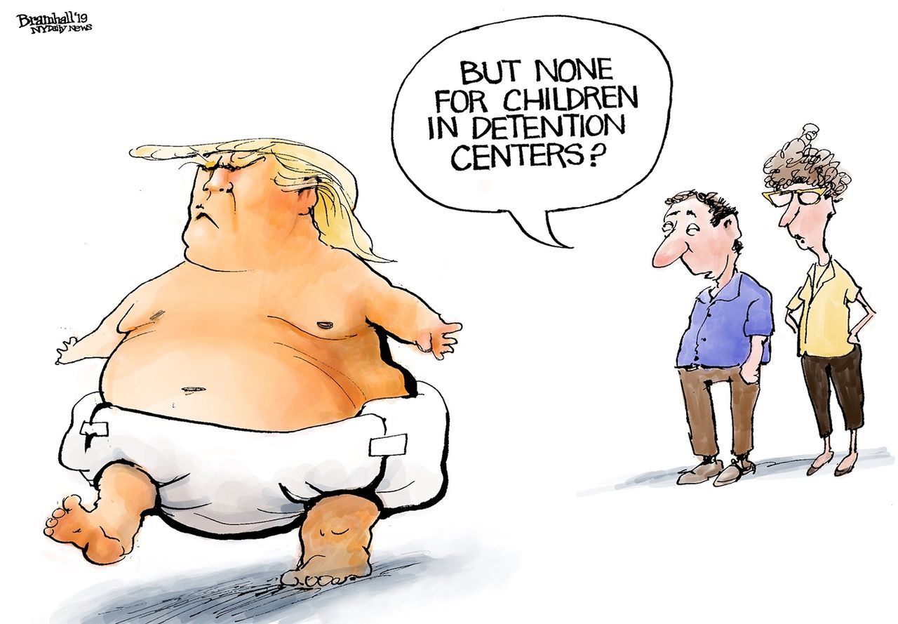 Political Cartoon U.S. Trump Big Baby Diapers Child Immigrants