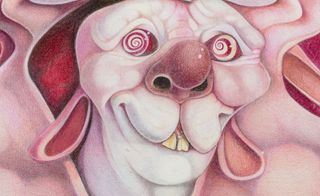 cartoonish artwork of pink monstrous face