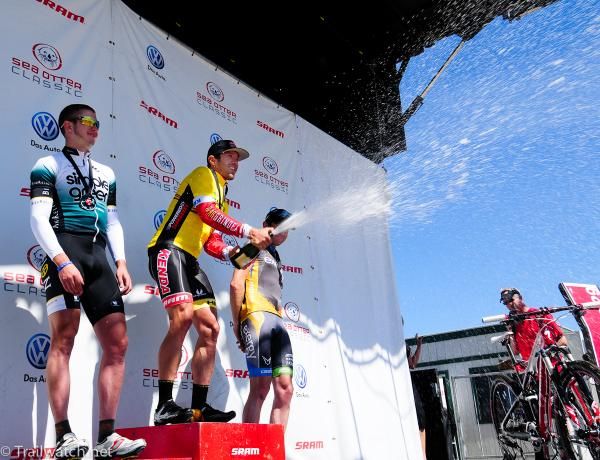 Andy Jacques-Mayne celebrating his GC lead in the men's stage race after the criterium this morning