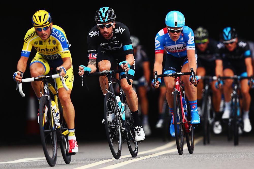 Bradley Wiggins rides in the peloton on the final stage of the 2014 Tour of Britain, an 88km criterium around Whitehall.
