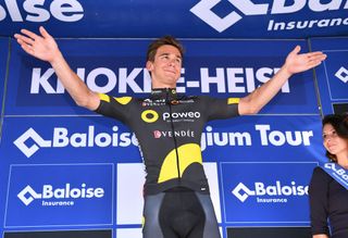 Bryan Coquard on the podium after winning stage 1 at the Belgium Tour