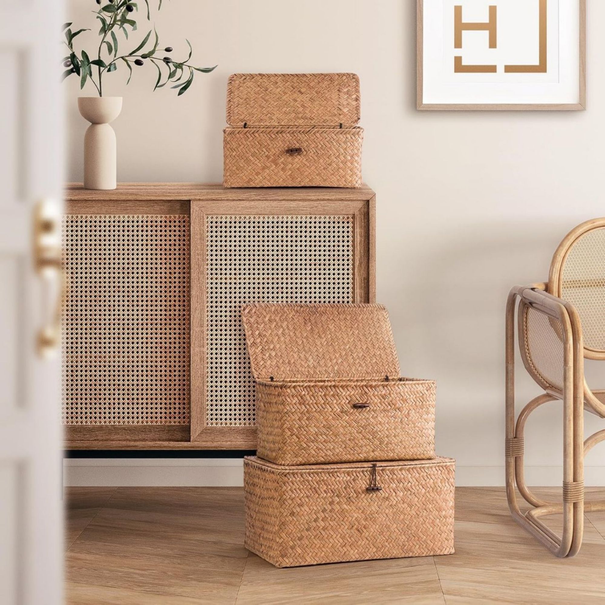 Woodluv Set of 3 Seagrass Storage Box with Lid