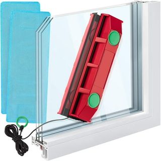 A red rectangular cleaning tool for windows