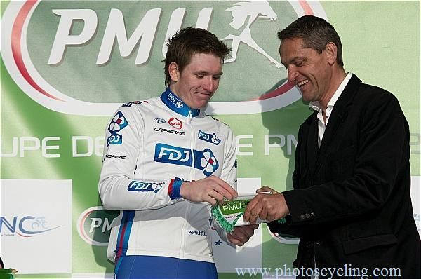 Arnaud Demare (FDJ-BigMat) gets the prize from Jacky Durand