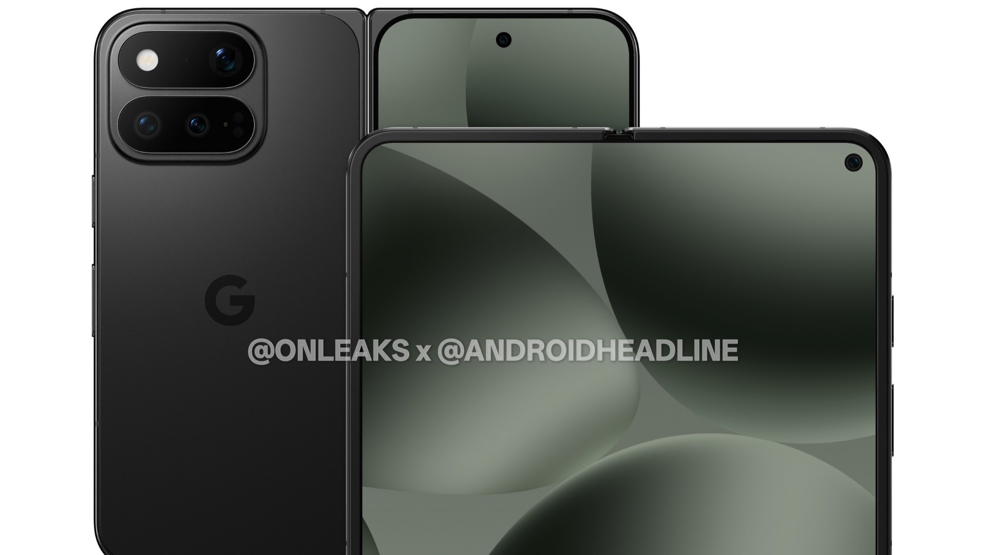An alleged glimpse at the Google Pixel 11 Pro Fold in what appears to be a Moonstone (black) colorway, in angles ranging from straight on to side views.
