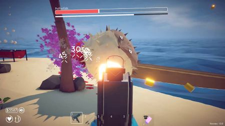 How to Fish player shooting large pufferfish with SMG as it leaves a trail of purple poisonous clouds