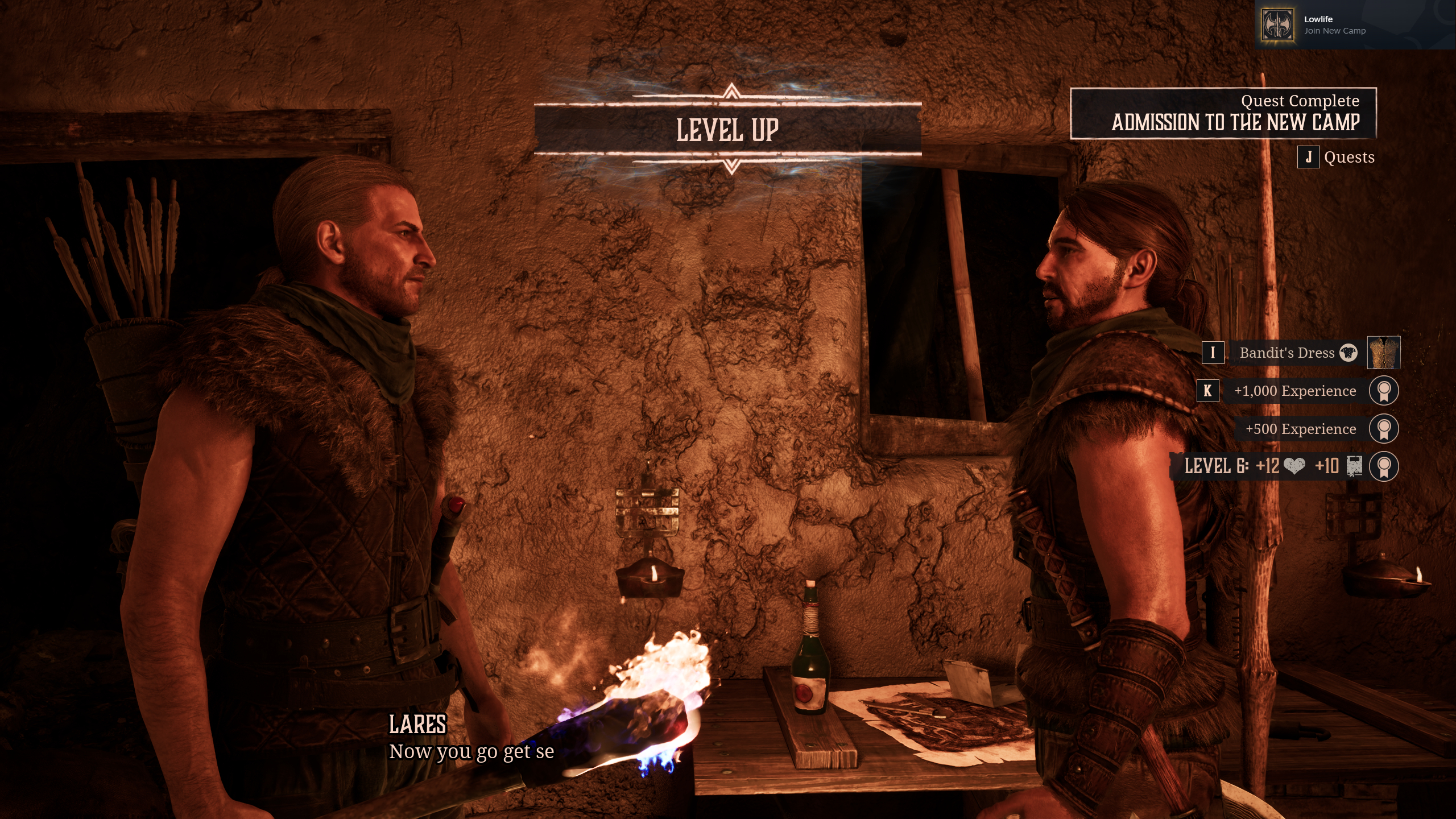 Gothic Remake armour: The player levelling up and earning the Bandit's Dress for joining the New Camp, while speaking to Lares.