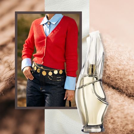 woman in red cashmere sweater on a cashmere background next to a cashmere perfume