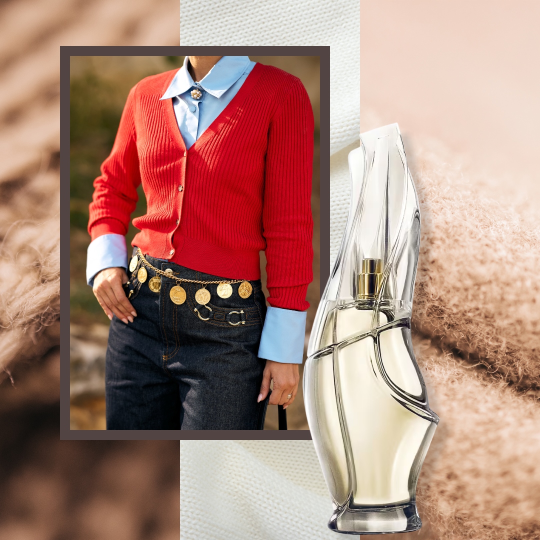 woman in red cashmere sweater on a cashmere background next to a cashmere perfume