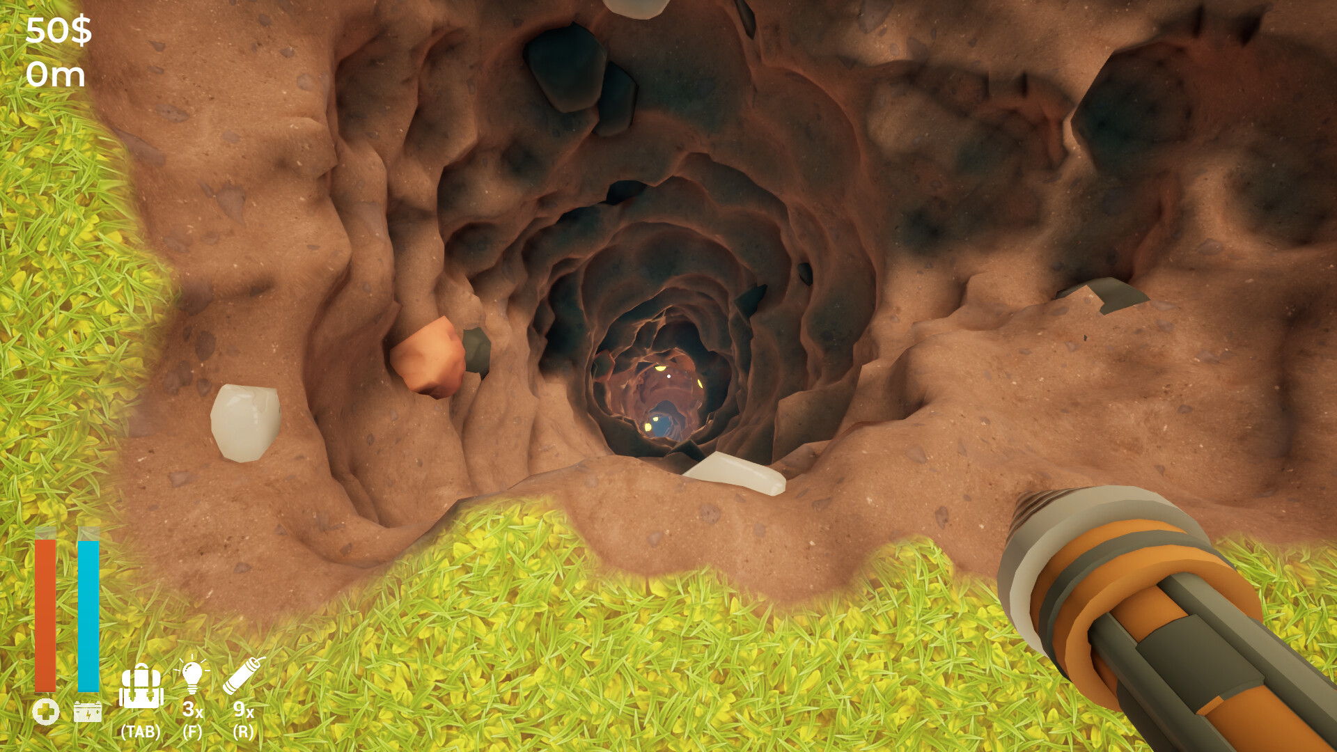 Looking down a deep hole where you can no longer see the bottom in A Game About Digging A Hole