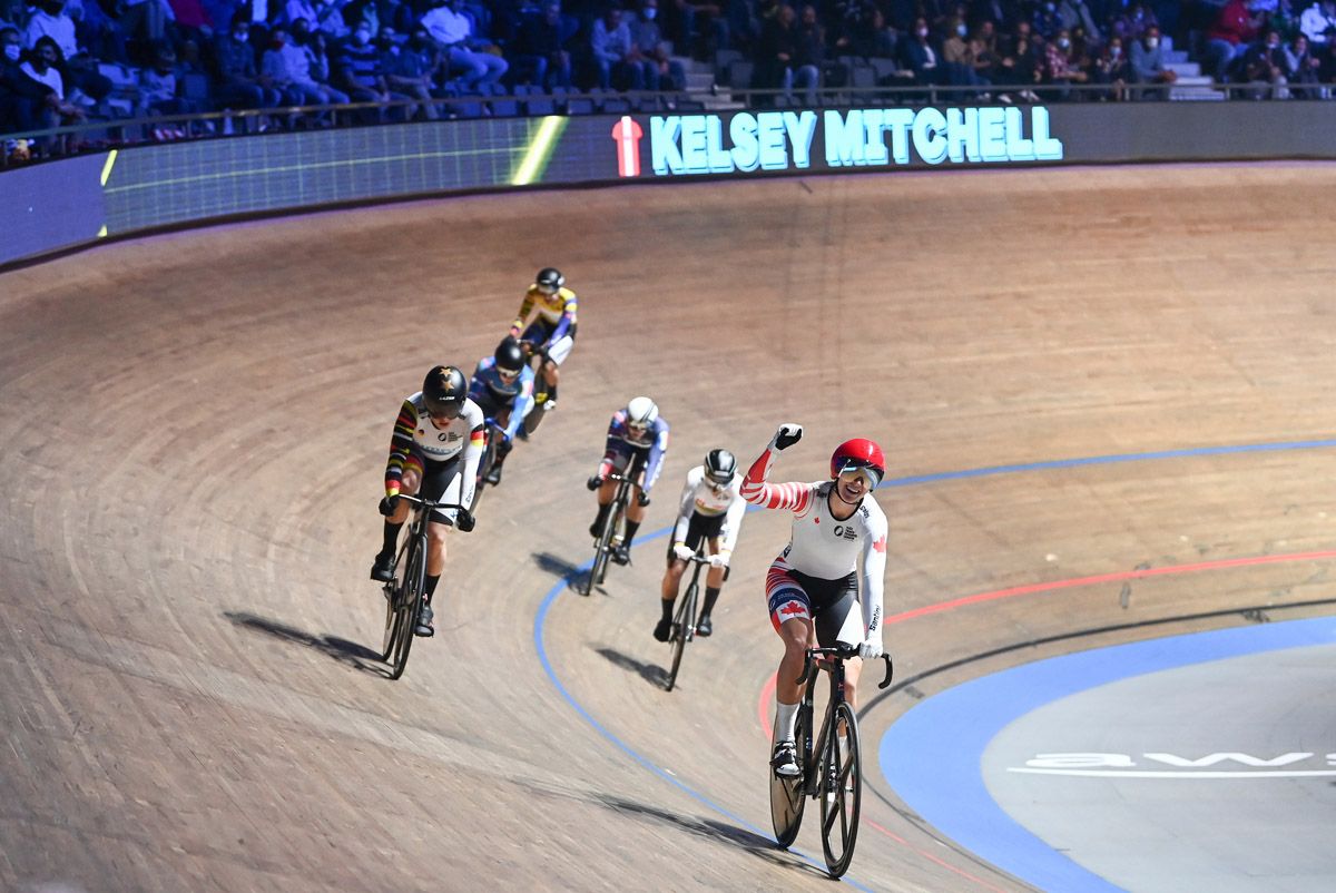 Picture by Alex Broadway/SWpix.com - 06/11/2021 - Cycling - UCI Track Champions League Round 1 - Mallorca / Vel&Atilde;&sup2;drom Illes Balears, Palma, Spain - Canada's Kelsey Mitchell celebrates winning the women's Keirin.
