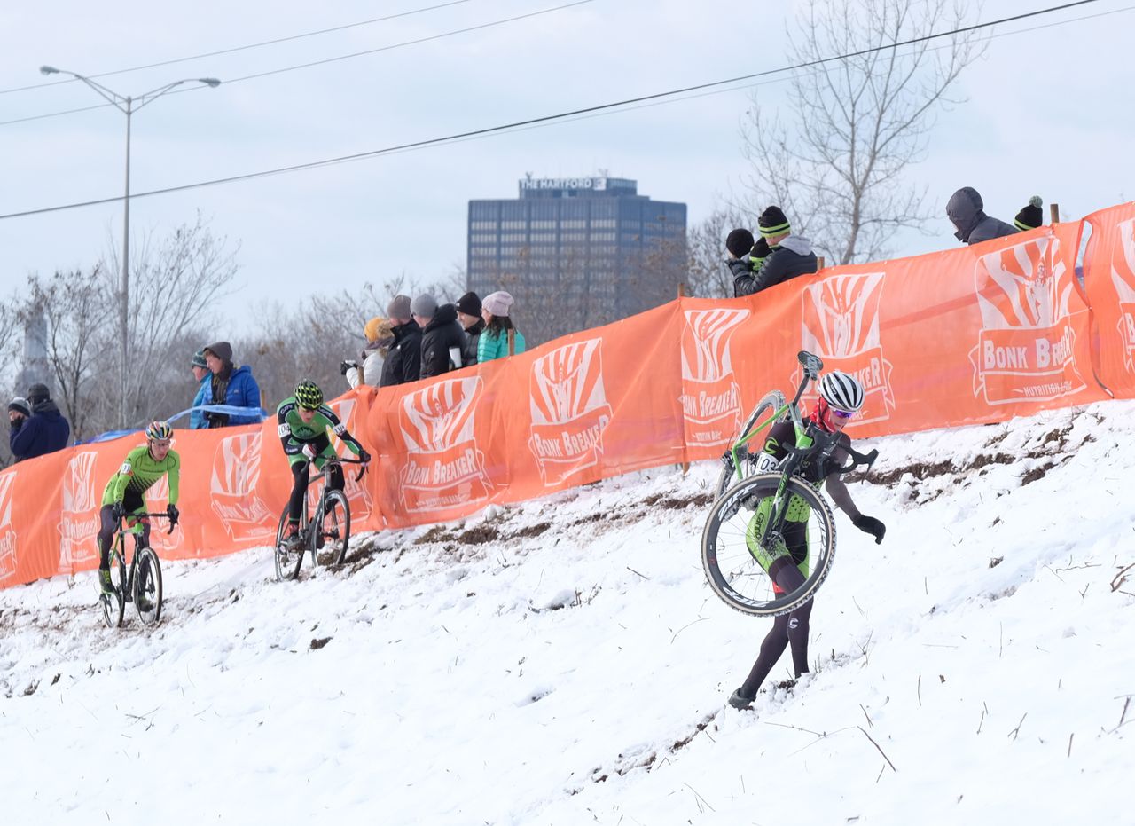 Cooper Willsey (Cannondale) leading Gage Hecht and Curtis White after taking the low line up to the ridge.