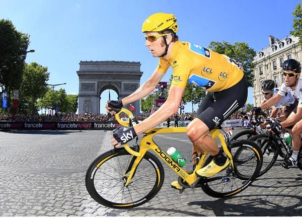 Bradley Wiggins (Sky) decked out in yellow during the final stage of the 2012 Tour de France.