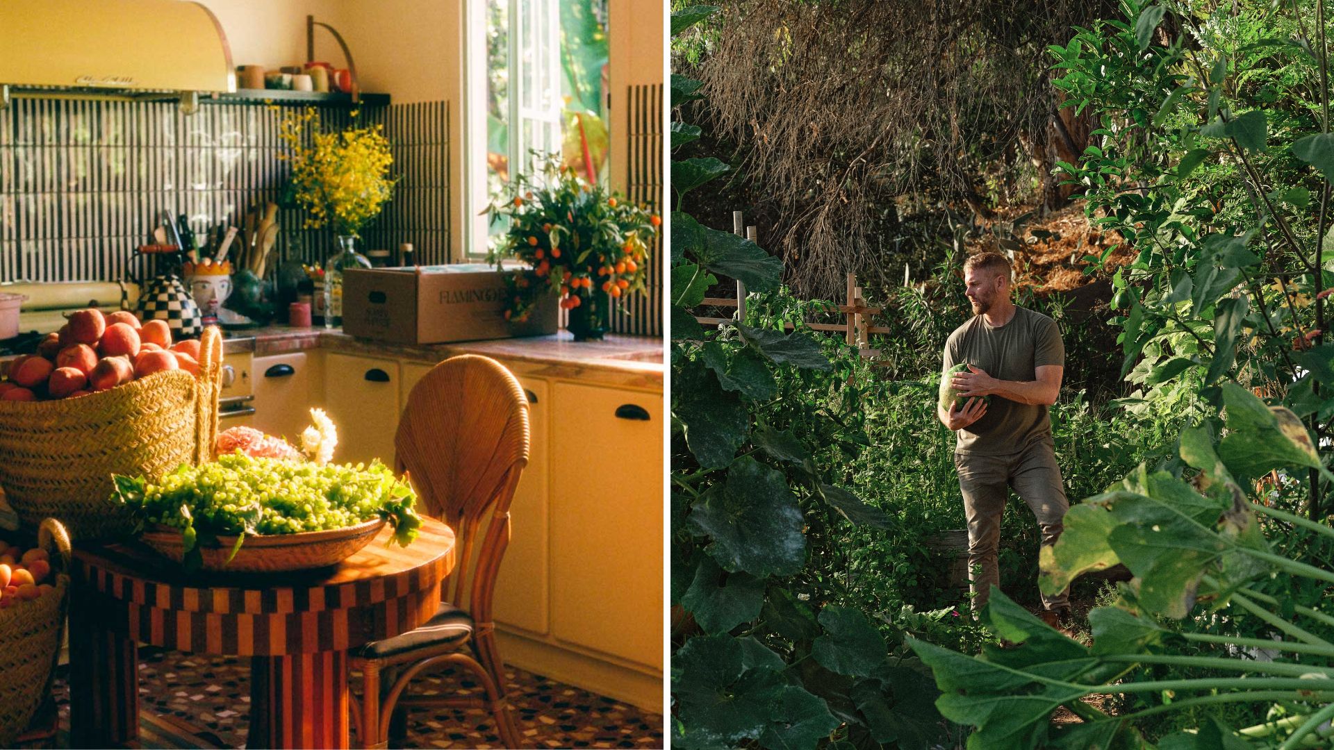 Collage of two images showing Richard Christiansen&#039;s kitchen on the left and Richard Christiansen in his garden on the right