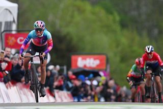 HUY BELGIUM APRIL 17 Katarzyna Niewiadoma of Poland and Team CanyonSRAM Racing sprints at finish line to win the 27th La Fleche Wallonne Feminine 2024 a 146km one day race from Huy to Huy UCIWWT on April 17 2024 in Huy Belgium Photo by Luc ClaessenGetty Images