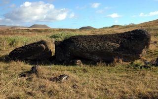 a fallen moai, or statue on Easter Island, or Rapa Nui
