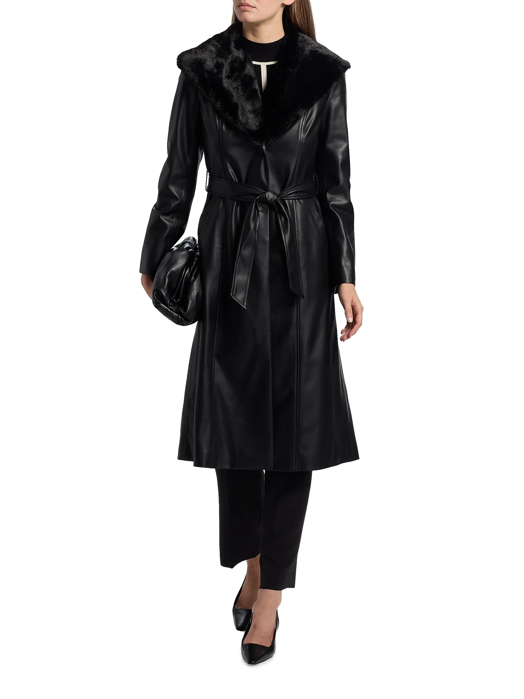 Veda Faux Fur-Trim Faux-Leather Tie-Waist Coat