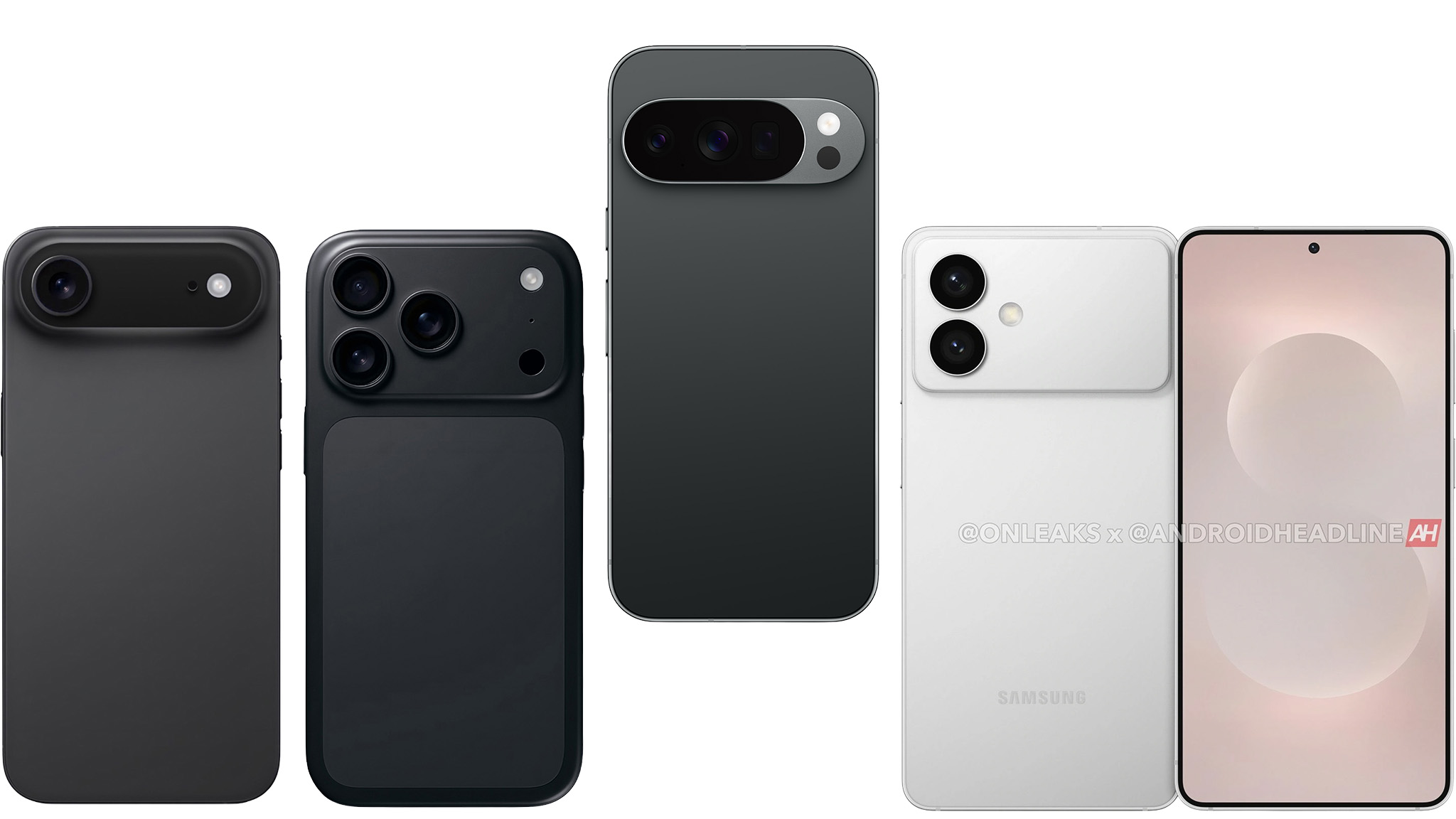 Leaked renders of the iPhone 17 Pro, iPhone 17 Air, and Samsung Galaxy S26 Edge alongside an official render of the Google Pixel 10 Pro