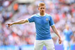 Kevin De Bruyne in action for Manchester City in the Community Shield against Liverpool in August 2019.