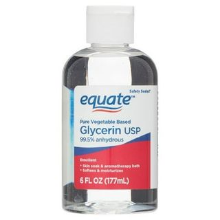 A clear plastic bottle of Equate, No Scent Liquid Glycerin Oil with white plastic cap, and white, red and blue label