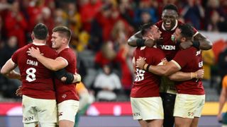 Jack Conan , Owen Farrell, Ronan Kelleher, Maro Itoje and Ellis Genge of the British & Irish Lions celebrate victory following the second test of the series between Australia Wallabies and British & Irish Lions at the Melbourne Cricket Ground on July 26, 2025 in Melbourne, Australia. 