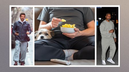 Three images left to right: Bradley Cooper, A man with a dog and potato chips, sitting on a sofa and Jamie Foxx