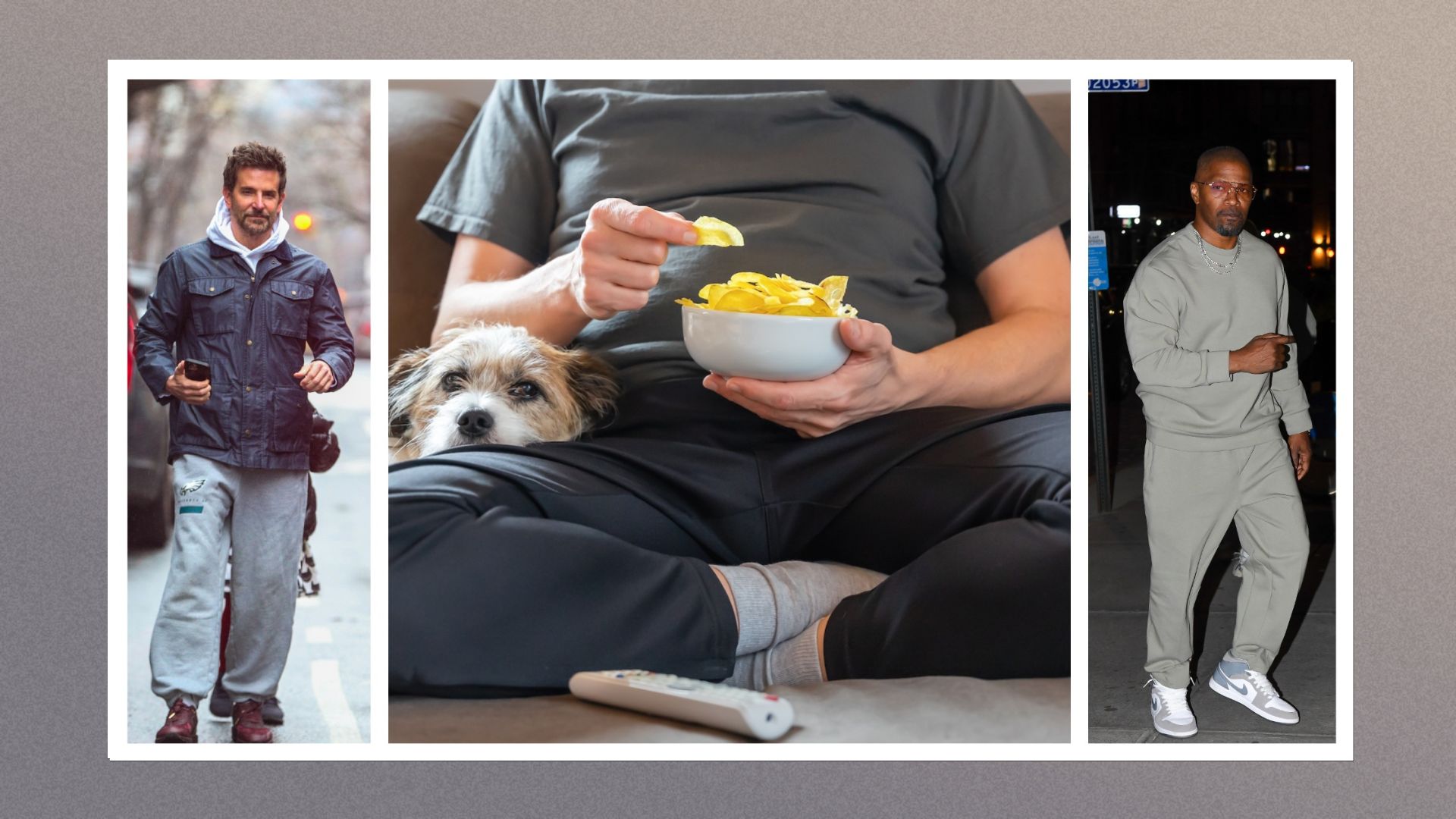 Three images left to right: Bradley Cooper, A man with a dog and potato chips, sitting on a sofa and Jamie Foxx
