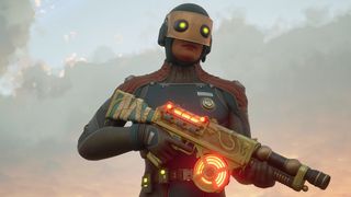 A weird looking sci-fi person in armor and a mask holding a weapon