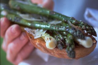 British asparagus, broad bean, and mozzarella bruschetta