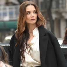Katie Holmes was spotted on the set of 'Happy Hours' wearing culottes and loafers
