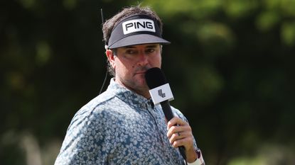 Bubba Watson commentates during the 2022 LIV Golf Team Championship in Florida