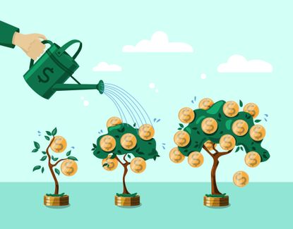 Hand with a watering can watering the money tree. The concept of financial growth. Deposit. Vector illustration. Objects are isolated.