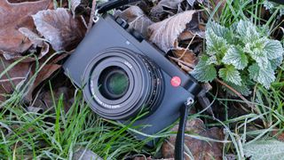 A Leica Q3 43 camera on the ground surrounded by frost covered grass and leaves