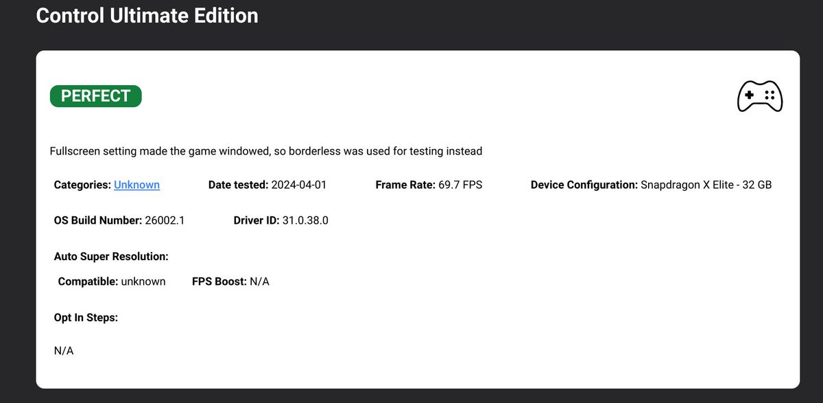 worksonwoa.com performance reports for games running on Snapdragon X Elite