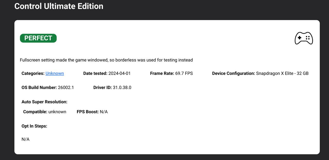 worksonwoa.com performance reports for games running on Snapdragon X Elite