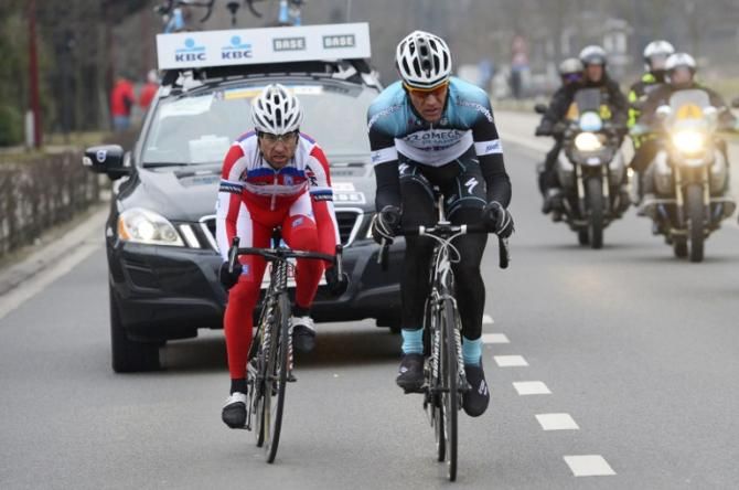 The break of the race: Luca Paolini (Katusha) and Stijn Vandenbergh (Omega Pharma-Quick Step)